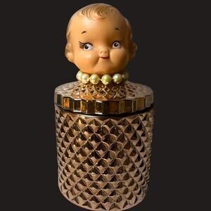 Vintage 50's Campbell Kewpie Doll Head Jar – Rose Gold Diamond Vanity Glass